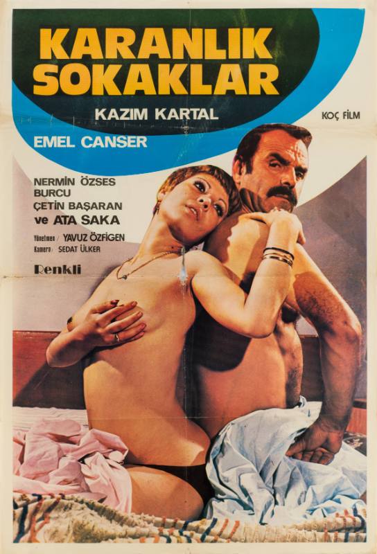 A photographic poster featuring a topless couple sitting back to back in bed, her head on his shoulder.