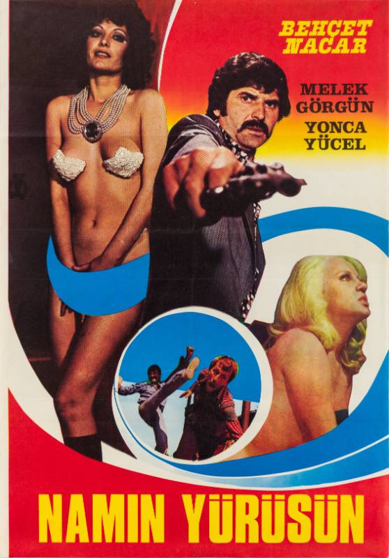 A photomontage poster of two nude women between a man pointing a gun, and two men in a karate fight.