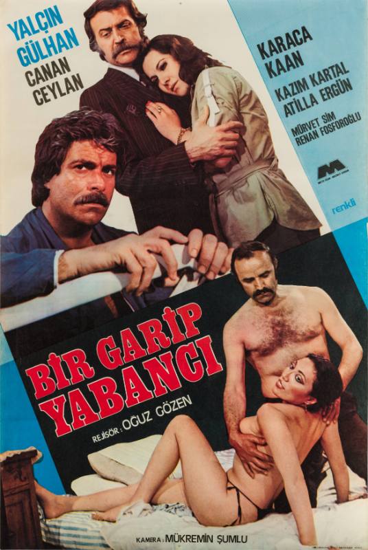A photomontage poster of two serious men with mustaches, and a topless couple in bed.