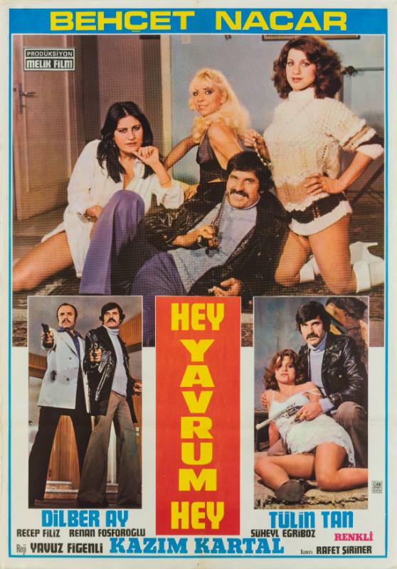 A photomontage poster of a man wearing a black leather jacket surrounded by women in high cut clothing.