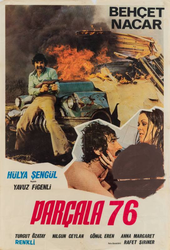 A photomontage poster of a man with a machine gun at a fiery car crash, and a nude partially censored.