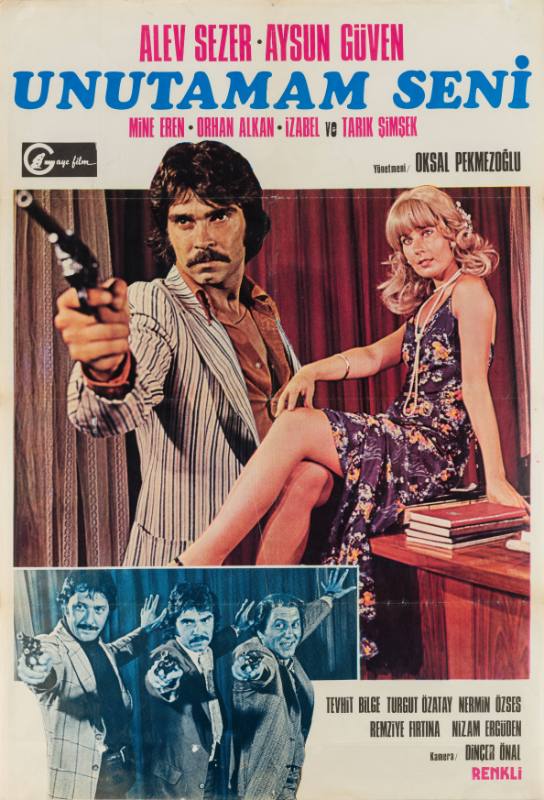 A photomontage poster of a man in a pistol in a pinstripe suit, a beautiful woman seated on a desk.