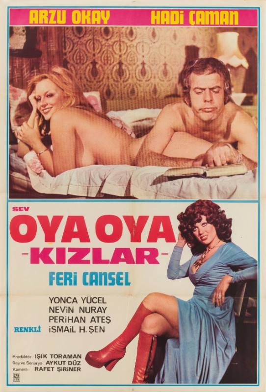 A photomontage poster of a nude couple lying in bed above a woman wearing tall red boots.
