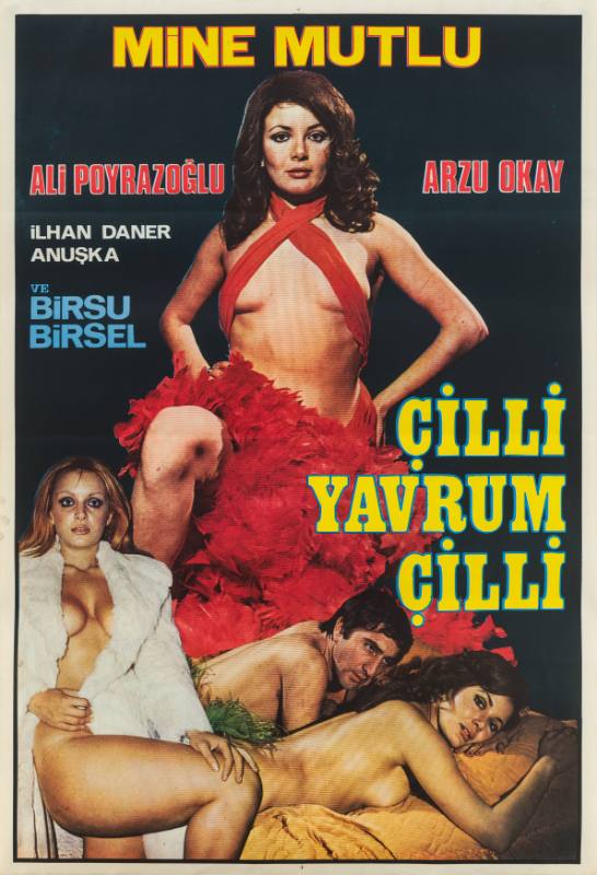 A photomontage poster of a woman wearing a red dress, a nude woman in a fur coat, and a couple in bed.