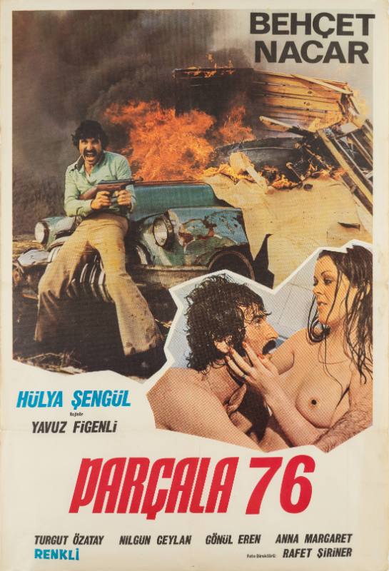 A photomontage poster of a man with a machine gun at a fiery car crash, and a nude partially censored.