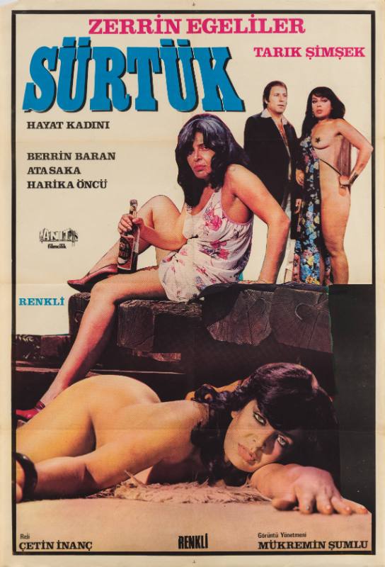 A photographic poster of a woman wearing a babydoll, with a liquor bottle on a dock, and two nude women.
