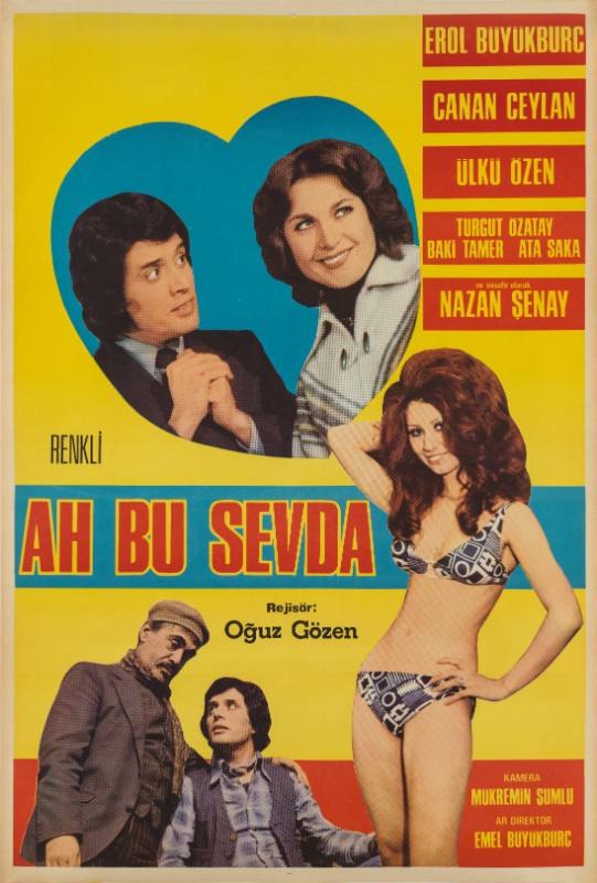 A photomontage poster of a couple in a heart, and a woman wearing a bikini, and two men.