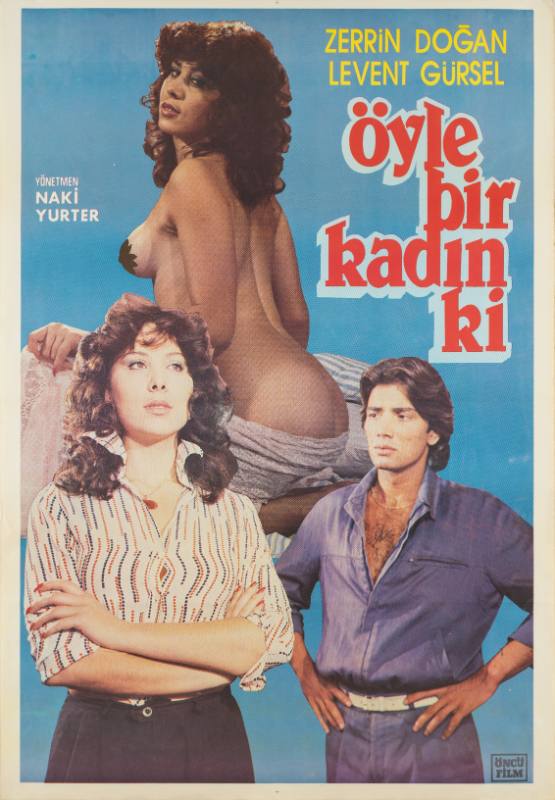 A photomontage poster of a man in a jumpsuit staring at a woman above a nude woman from behind.