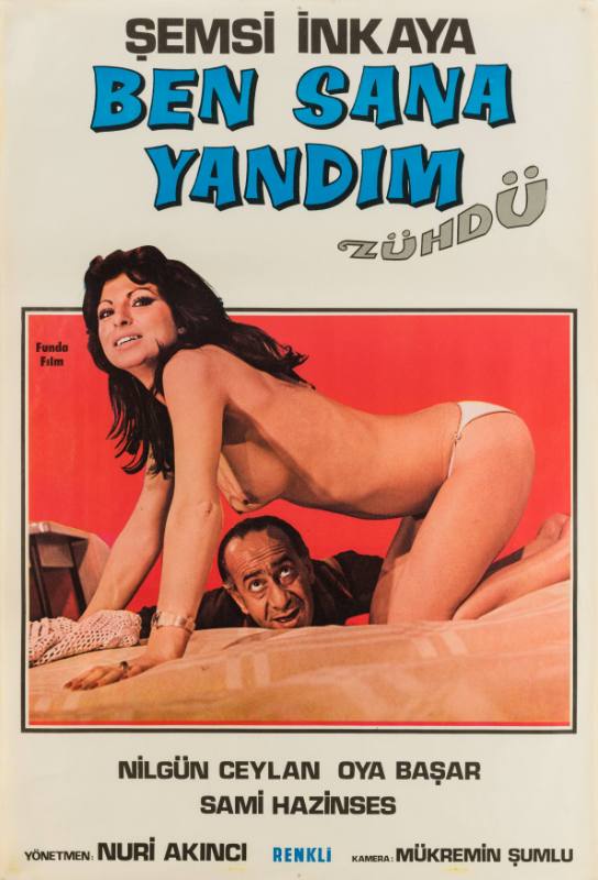 A photographic poster of a man peeking up from under a bed at a topless woman on top of it.