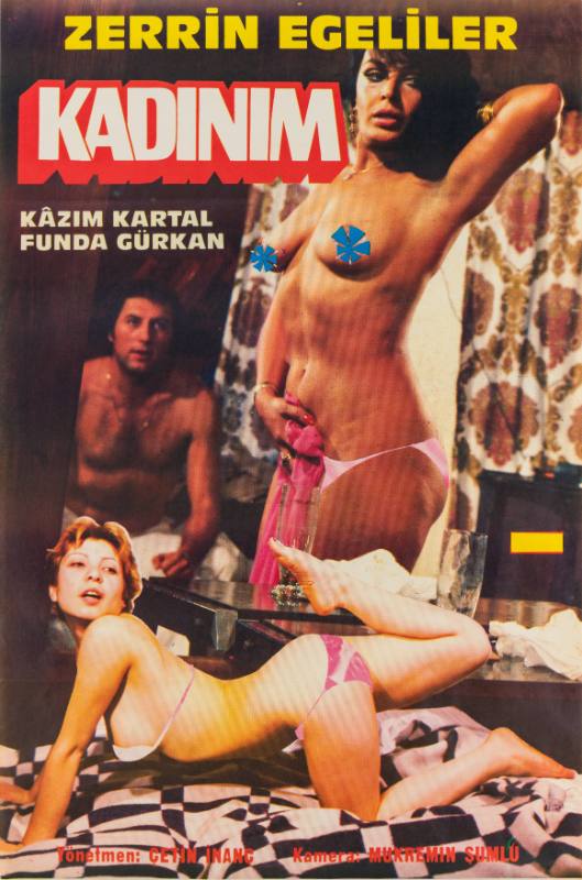 A photomontage poster of a man staring at a topless woman, and a woman in her underwear kneeling in bed.