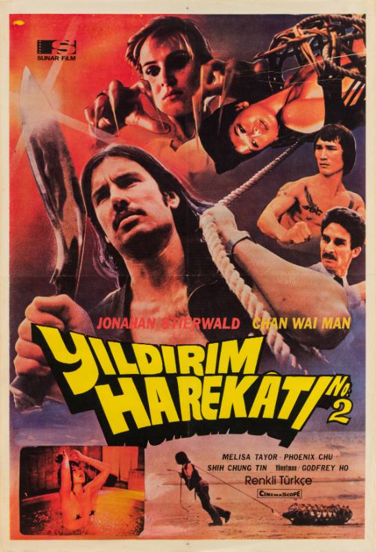 A photomontage poster of a man holding a gurkha knife pulling a rope, a woman tied in a cage.