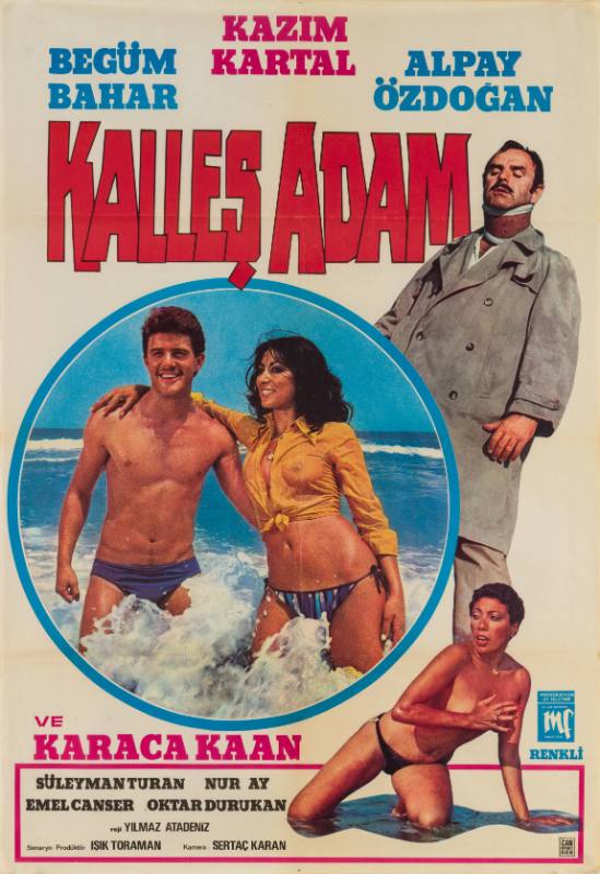 A poster of a man and a woman in the surf, a towering man in a neck brace, and a woman in bikini bottoms.