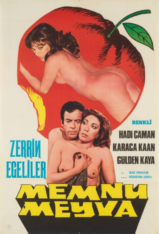 A photomontage poster of a nude woman lying on an apple, over a nude couple.