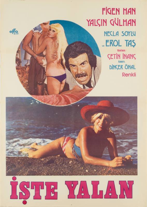 A photomontage poster of a topless couple in a hotel, and a woman lying on the beach.
