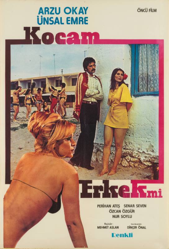 A photographic poster of a man leaning against a wall with a woman in a short yellow dress.