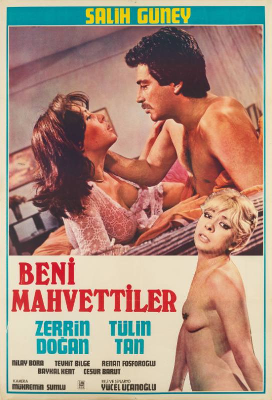 A photomontage poster of a couple lying in bed above a nude blonde woman.