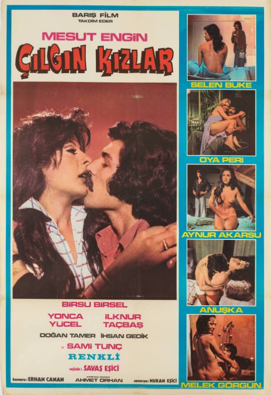 A photographic poster of a man and a woman kissing and 5 individual shots of nude women in a film reel.