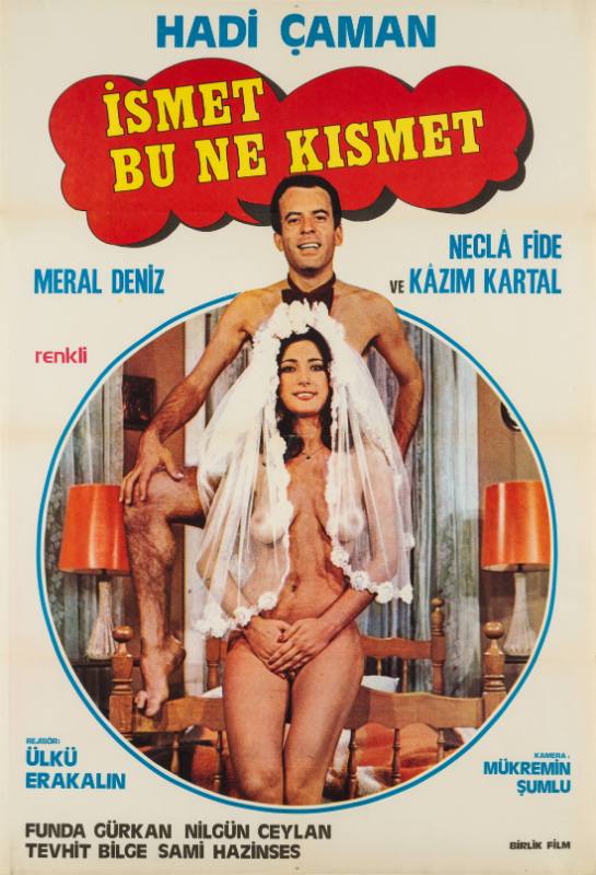 A poster with a nude woman wearing only a bridal veil and a man behind her in just a bowtie.
