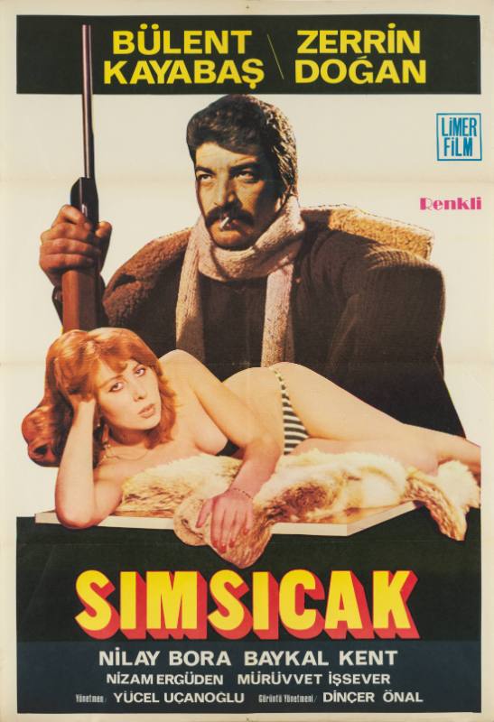 A poster of a man in a heavy sweater and scarf with a rifle and a woman on a fur rug.