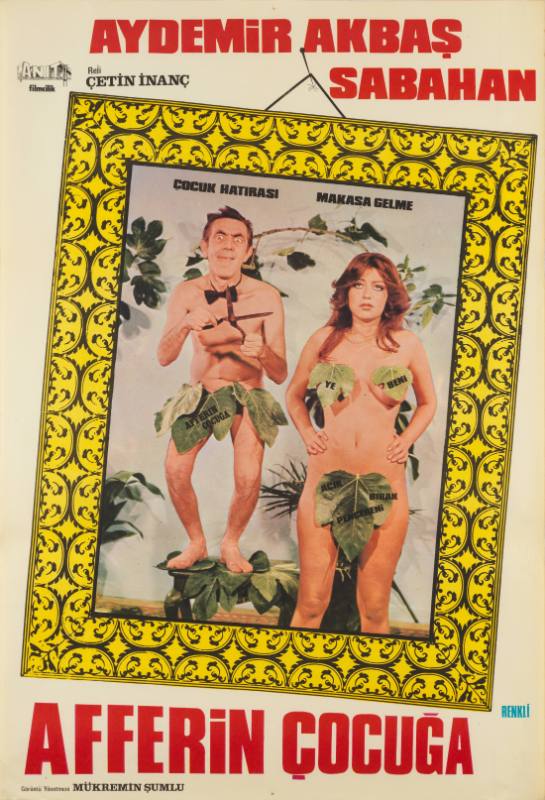 A poster of a man wearing a skirt of leaves holding scissors behind a woman in a leaf bikini.
