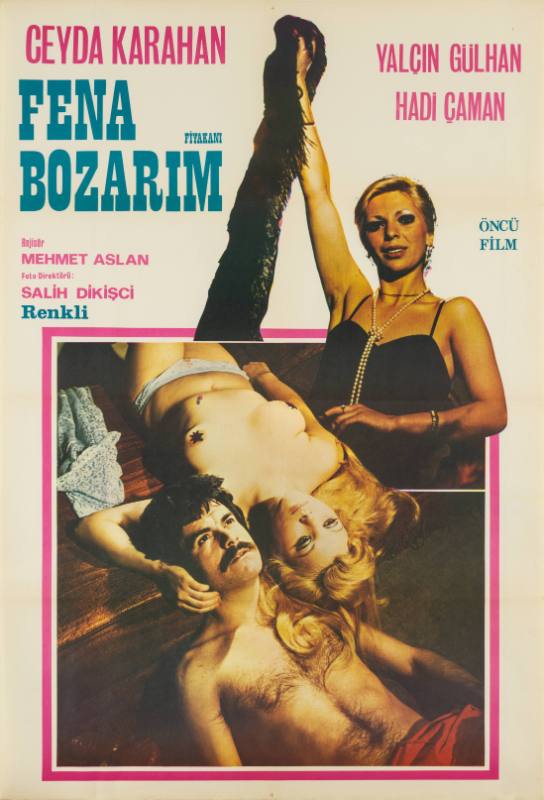 A poster of a topless couple lying on their backs on the floor with their heads together.