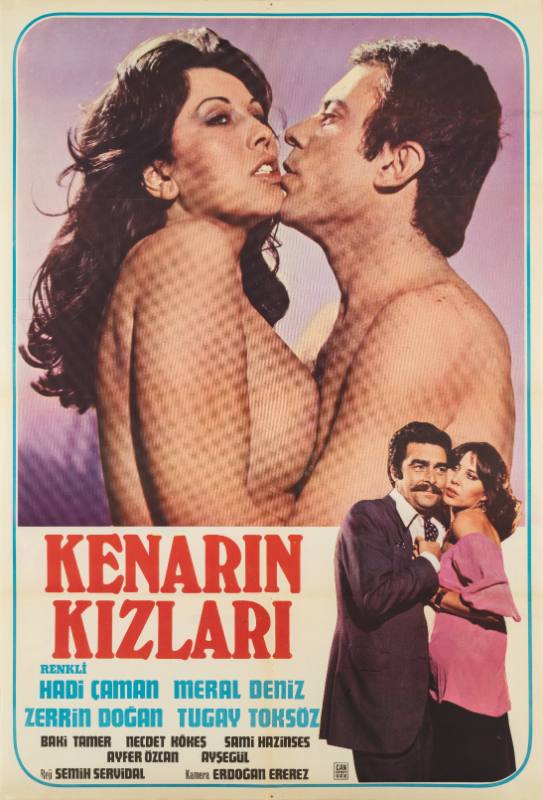 A poster of a topless couple embracing above a fully dressed couple embracing.