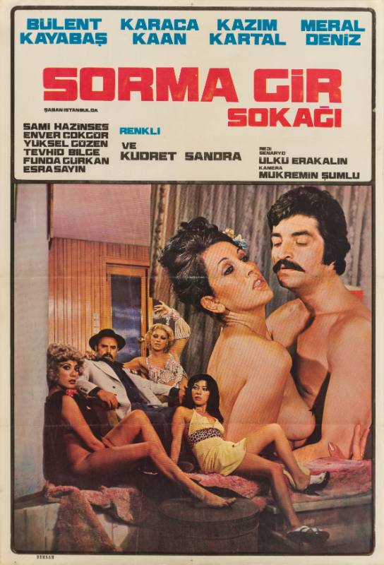 A poster of a man in a white jacket reclining with 3 women, and an embracing nude couple.