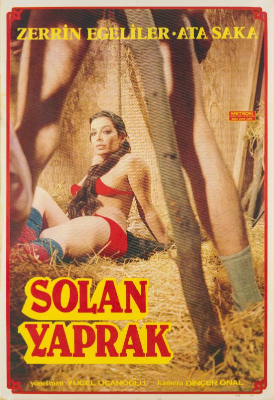 A poster of a woman in red underwear lying on a barn floor, framed by a man's bare legs.