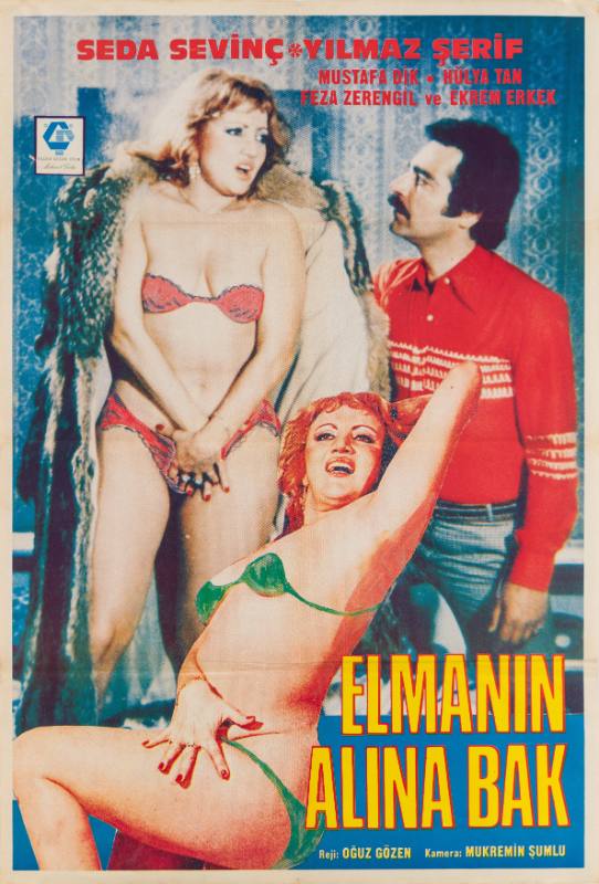 A poster of two women wearing small bikinis and a man in a bright red shirt.