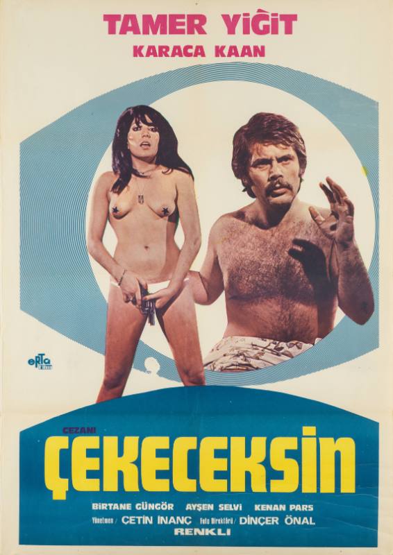 A photomontage poster of a topless woman holding a pistol and a man surrendering in just a sheet.