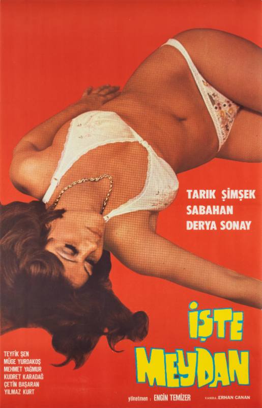 A photographic poster of a woman lying down, her hair splayed behind her in a white embroidered bikini.