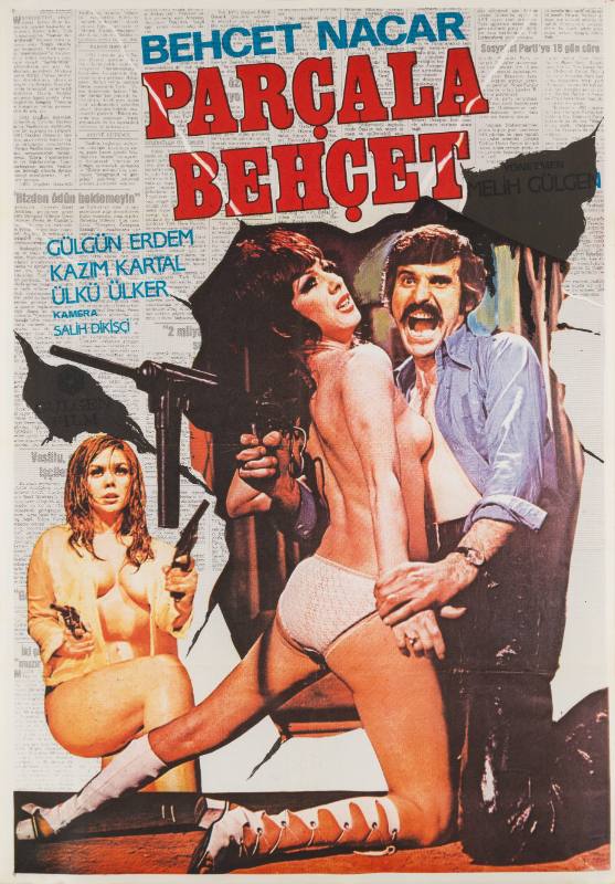 A photomontage poster of a man with a gun and a topless woman tearing through a newspaper background.