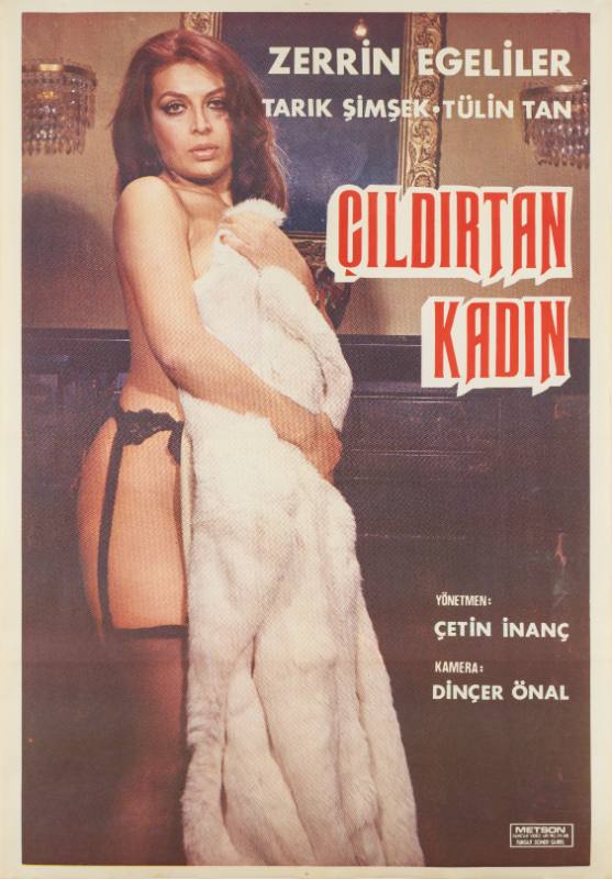 A photographic poster of a woman in a wood paneled room, in a garter belt clutching a white fur coat.