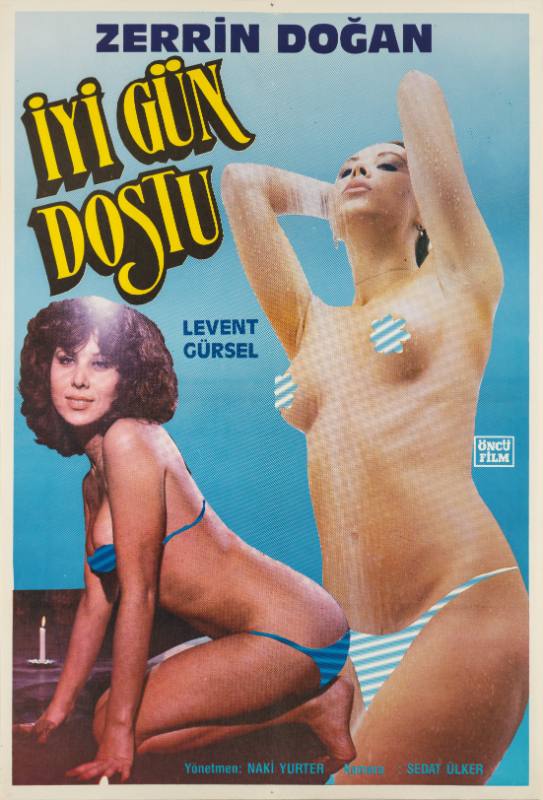 A photomontage poster of 2 women in striped bikinis one showering the other on her hands and knees.