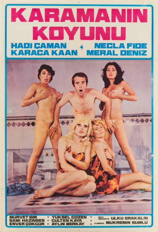 A photographic poster of a naked man standing between 2 nude women, behind 2 women covered by a cloth.