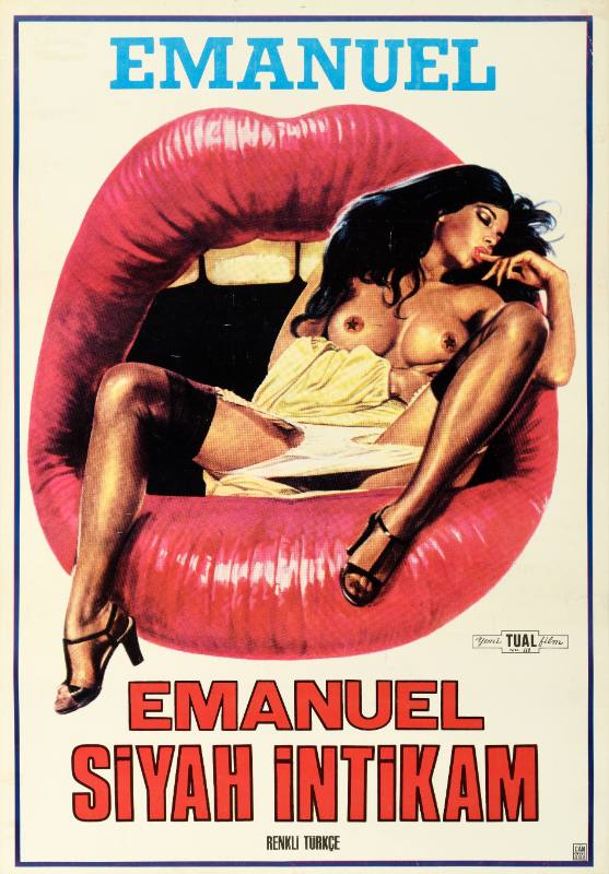 A poster of a topless woman painted in red lips sucks on her index finger while lounging in red lips.