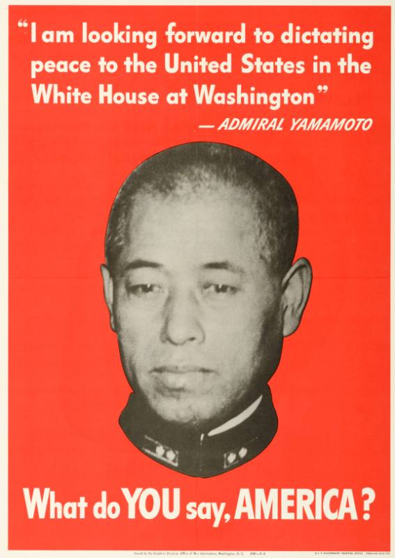 A red poster featuring a black and white headshot of Admiral Yamamoto with text above and below him.