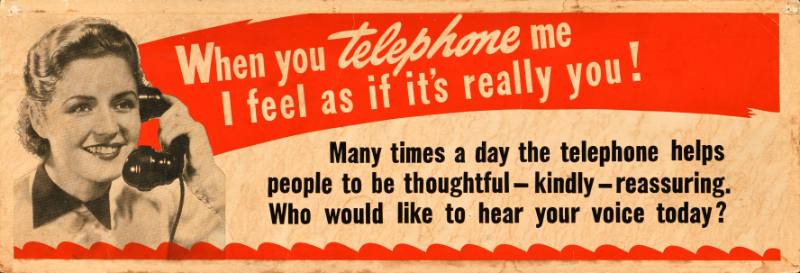 A black and white photographic poster of a smiling woman holding a phone receiver to her ear.
