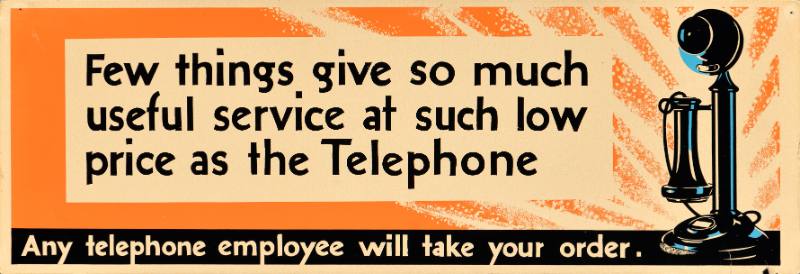 A poster of a black candlestick phone on an orange background.