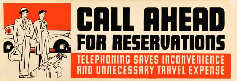 A poster of a couple waiting with their luggage standing near their car.