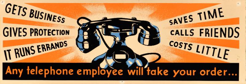 A poster featuring a black telephone with beams of light emanating from it.