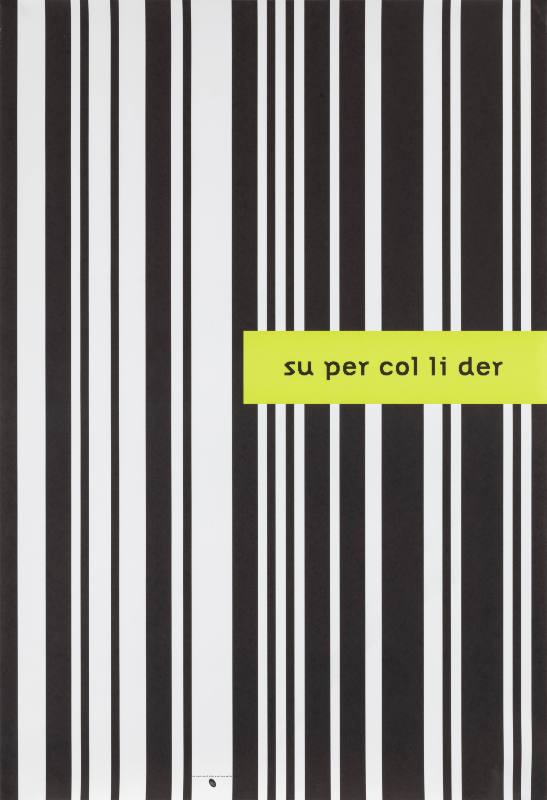 A poster of black lines getting wider as the viewer moves left to right behind a green block with text.