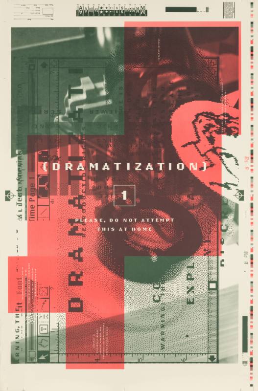 A poster of blocks of red and green and text overlaying blurred images of machinery.