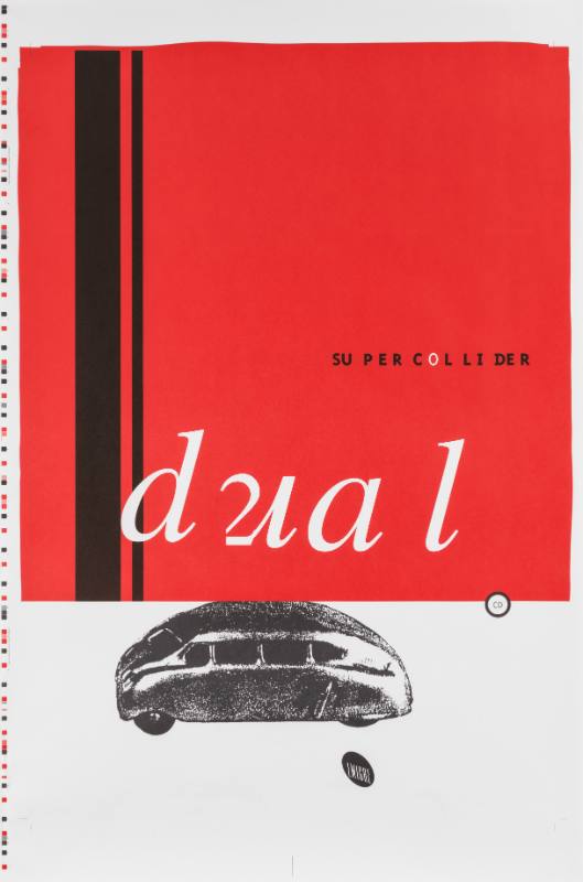 A poster of a fuzzed scanned image of a toy car under a large red block overlayed by text.