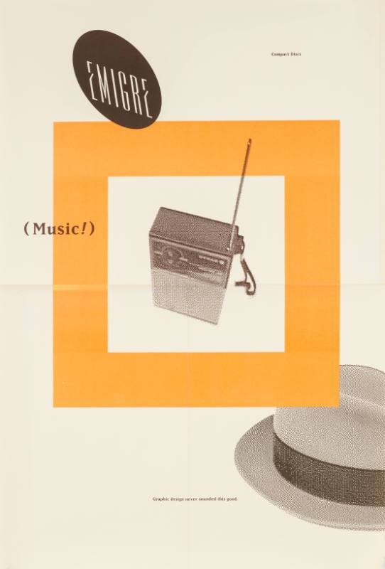 A poster of a yellow square with a handheld radio inside above a hat and below the Emigre logo.