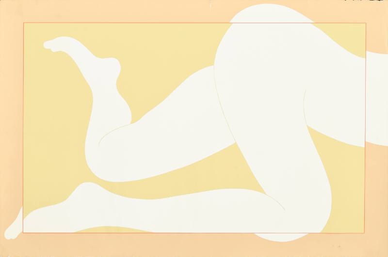 A poster of a framed nude lower half of a woman, the image overlapping the frame.