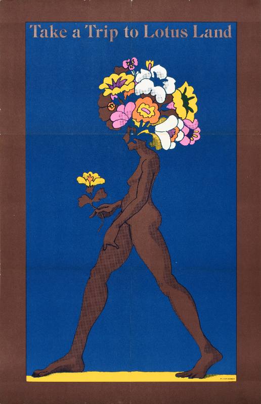 An illustrational poster of a nude woman walking, holding a flower, her hair made up of colorful flowers.