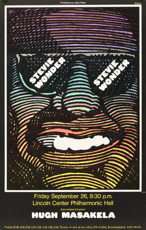 A poster featuring the face of Stevie Wonder composed from wavy rows of colored lines.