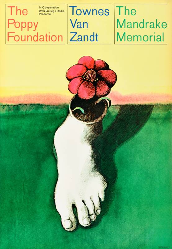 A poster featuring a red flower growing in a flower pot shaped like a human foot.