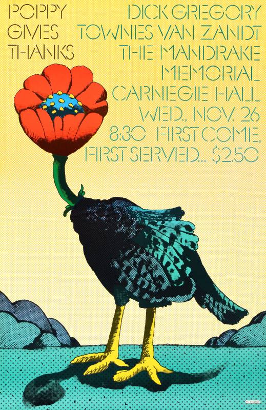 A poster of a figure with a red flower as a head, the body as a blue bird, and yellow talons for feet.